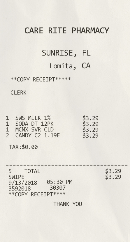 Fake CARE RITE PHARMACY payment Receipt