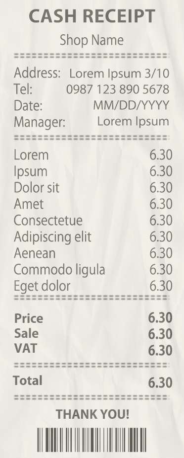Fake CASH receipt sample
