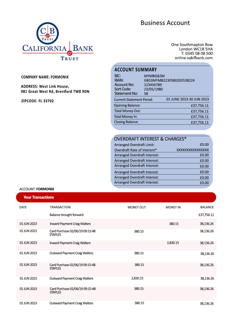 Fake California Bank & Trust organization checking Business Bank Statement