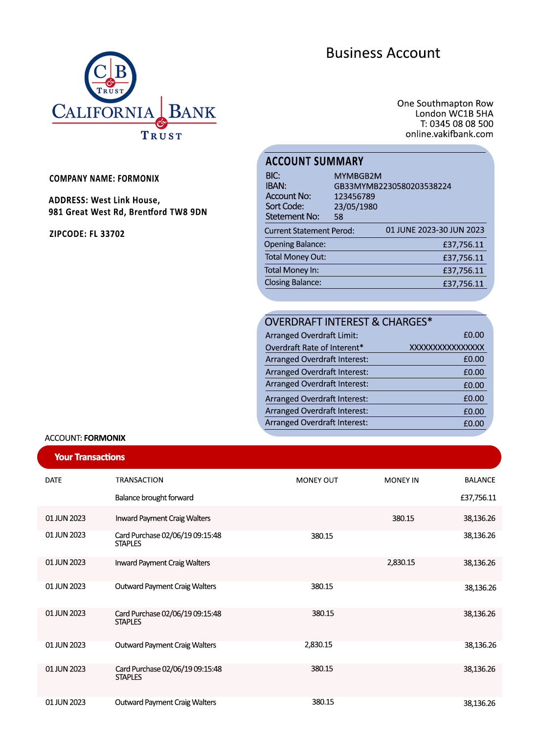 Fake California Bank & Trust organization checking Business Bank Statement