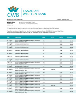 Fake Canadian Western Business Bank Statement