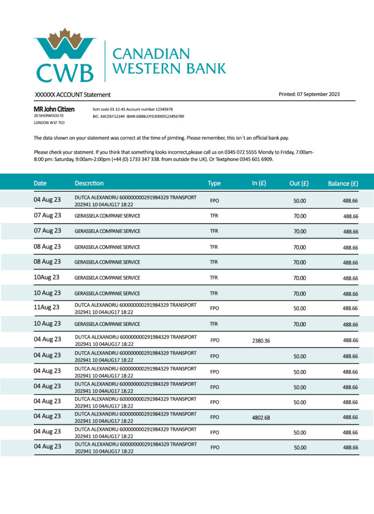 Fake Canadian Western Business Bank Statement