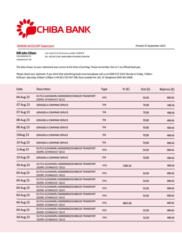 Fake Chiba Business Bank Statement