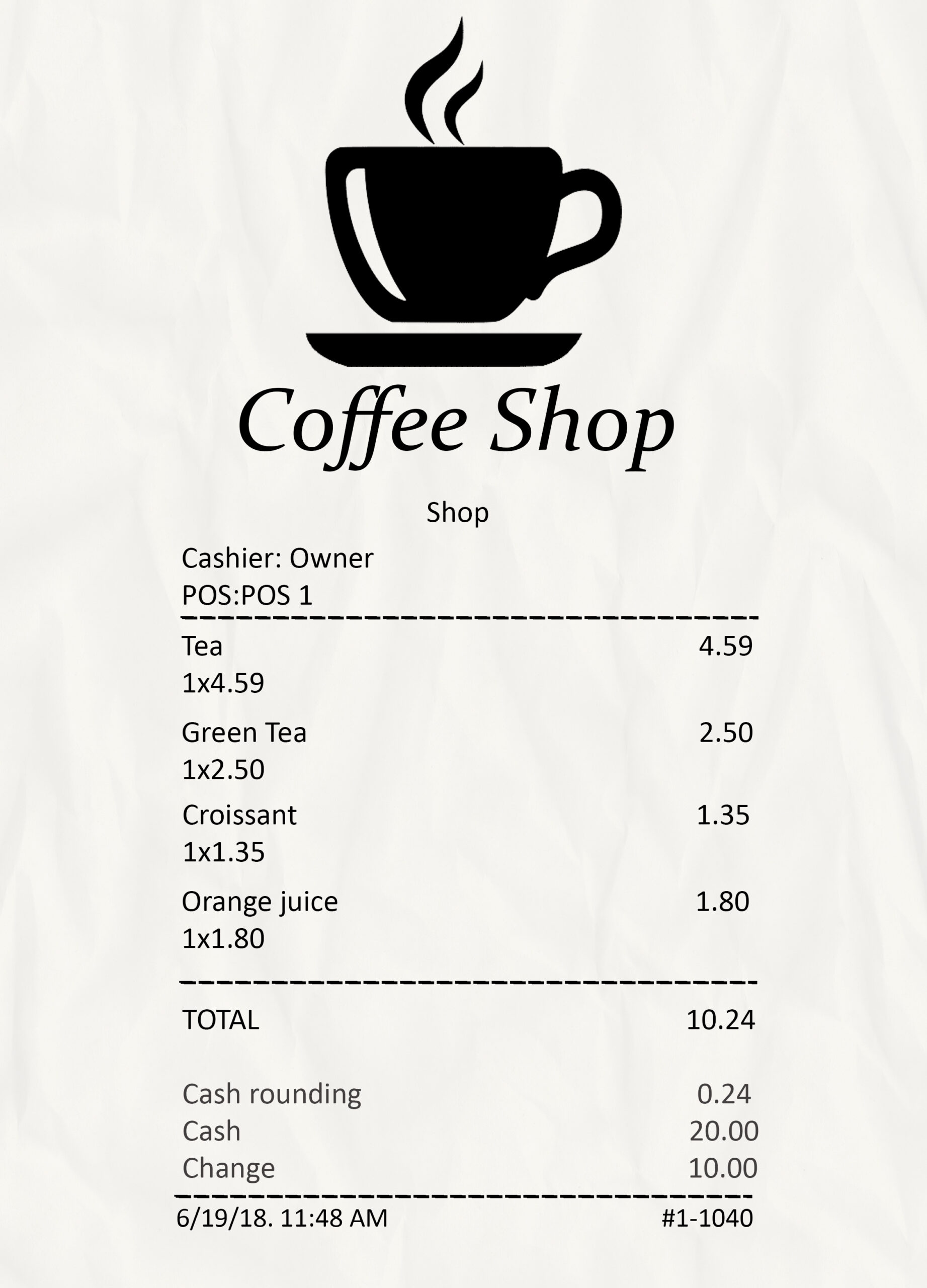 Fake Coffee Shop payment check 1 Receipt