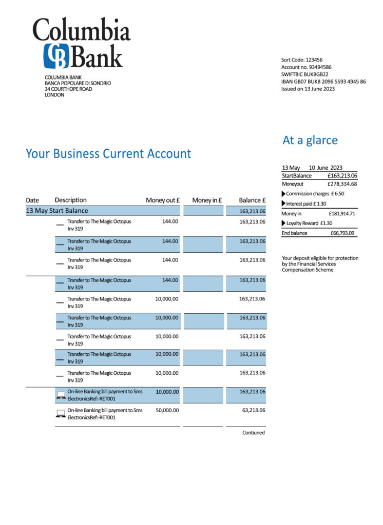 Fake Columbia Business Bank Statement