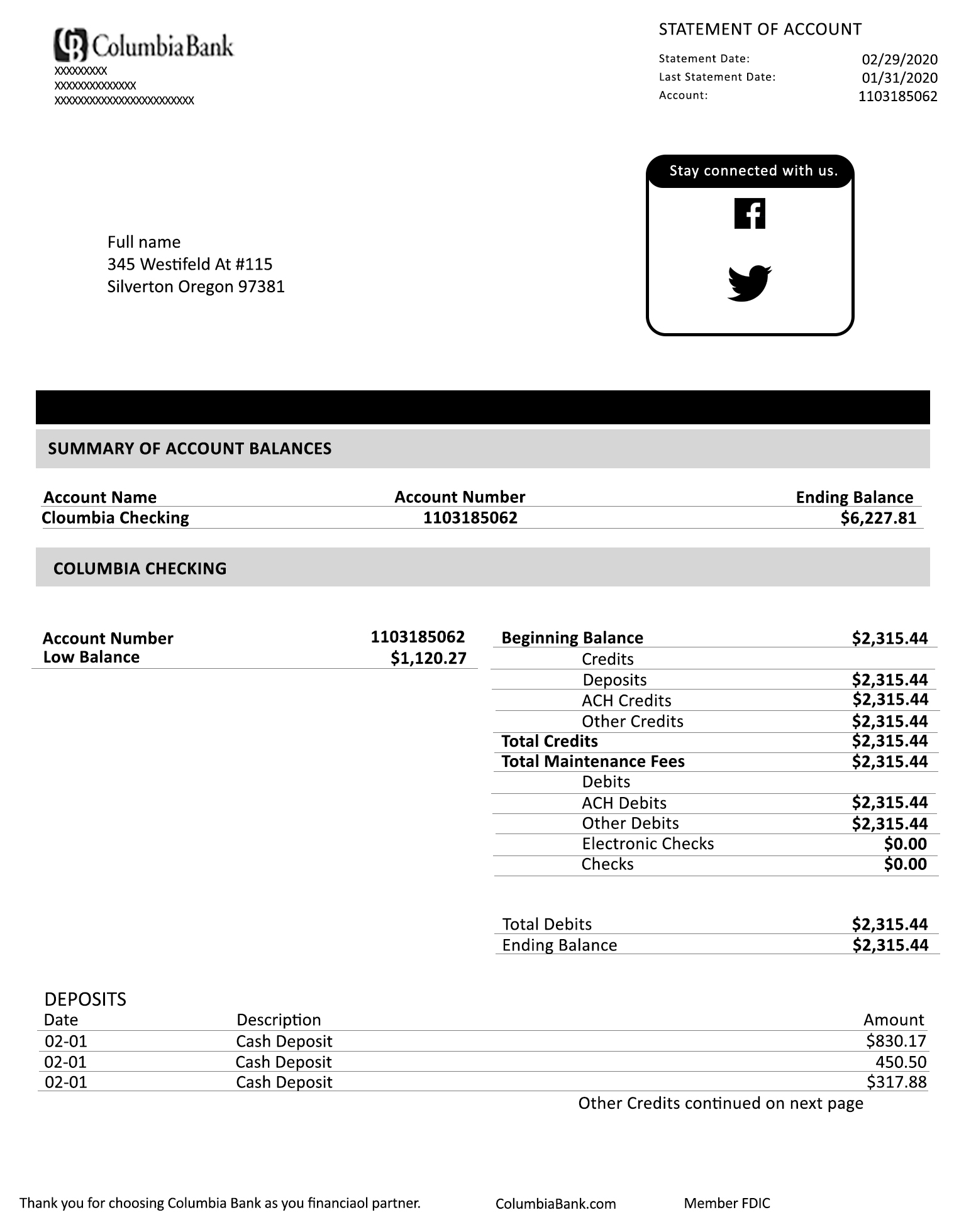 Fake Columbia Business Bank Statement (version2)