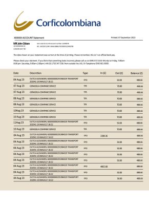 Fake Corficolombiana Business Bank Statement