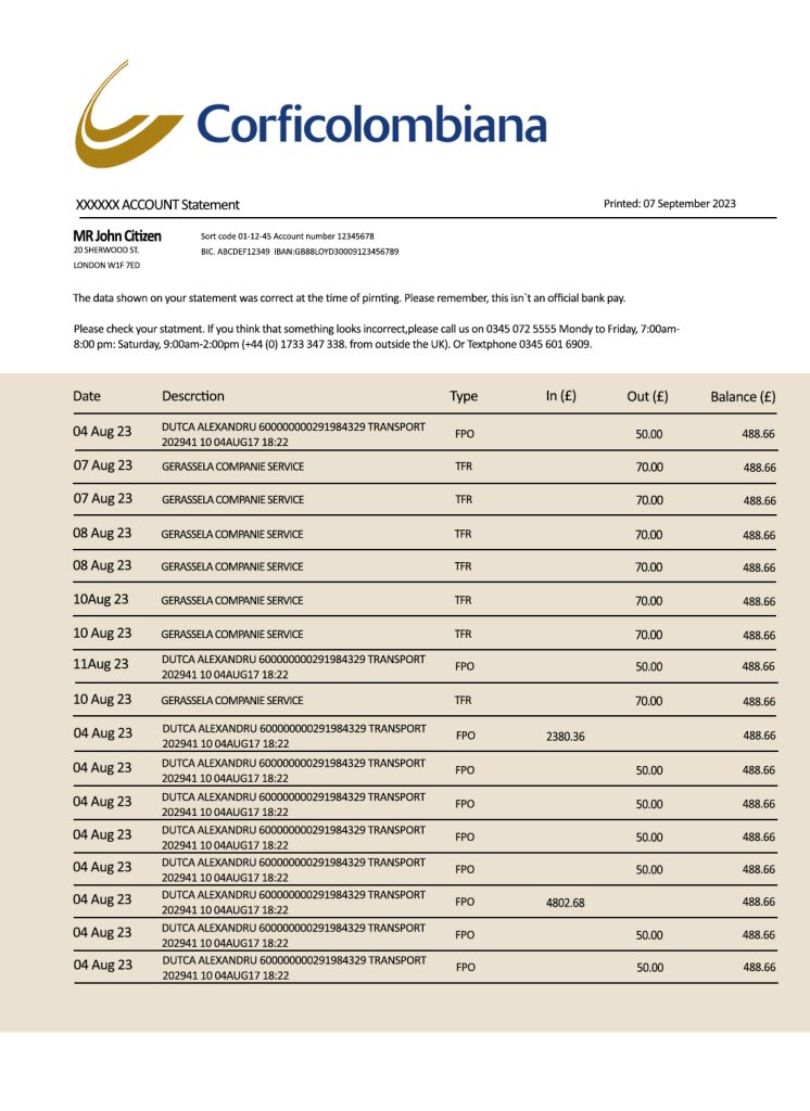 Fake Corficolombiana Business Bank Statement