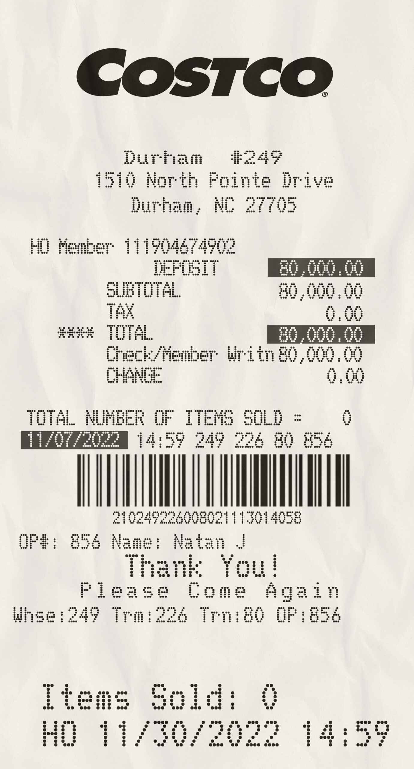 Fake Costco payment receipt