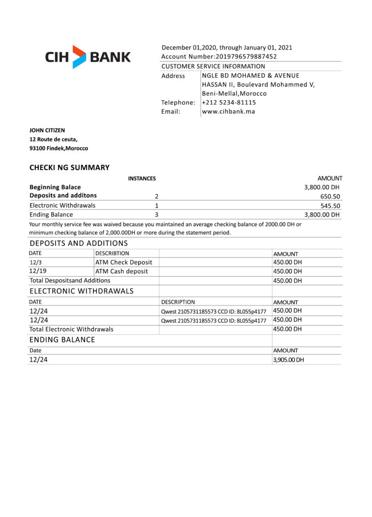 Fake Credit Immobilier Et Hotelier Business Bank Statement