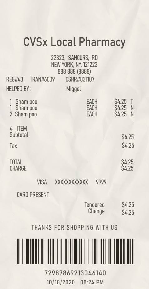 Fake Cvsx local pharmacy payment receipt
