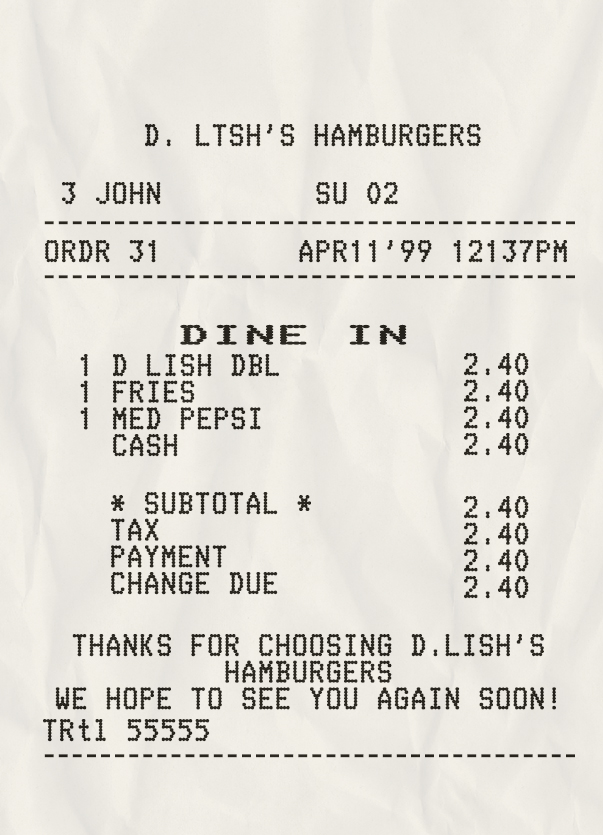 Fake D. LISH’S HAMBURGERS payment check receipt