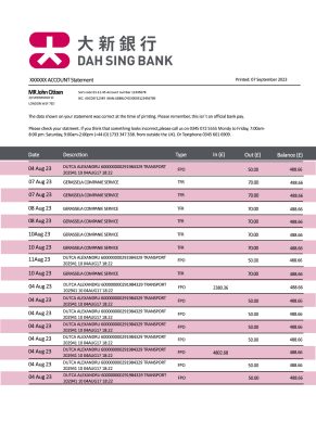 Fake Dah Sing Business Bank Statement