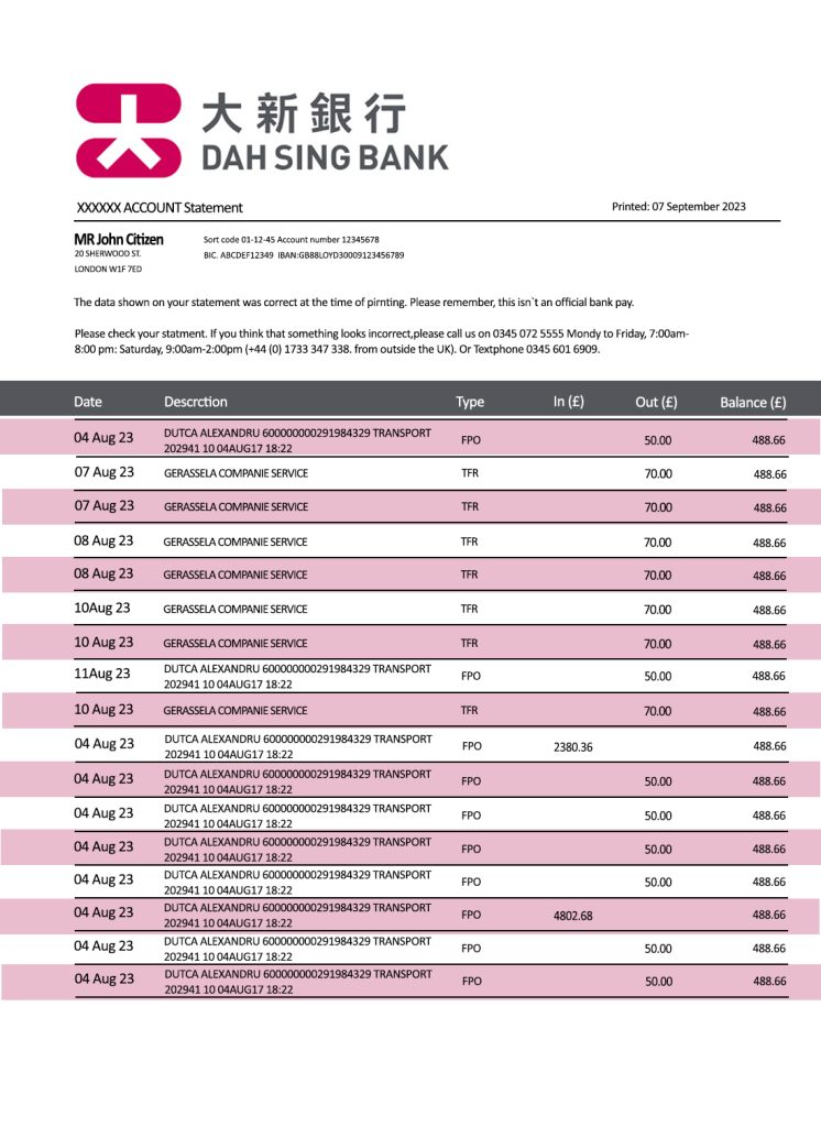 Fake Dah Sing Business Bank Statement