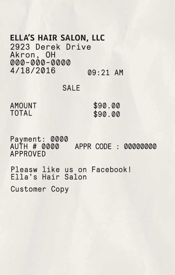 Fake ELLA’S hair salon llc payment receipt