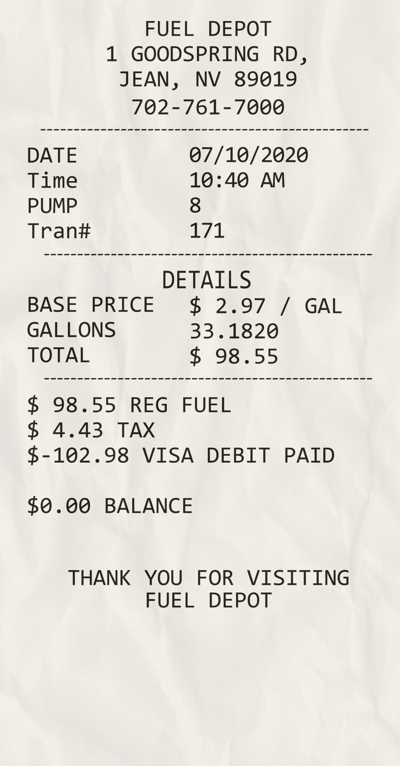 Fake Fuel depot payment check receipt