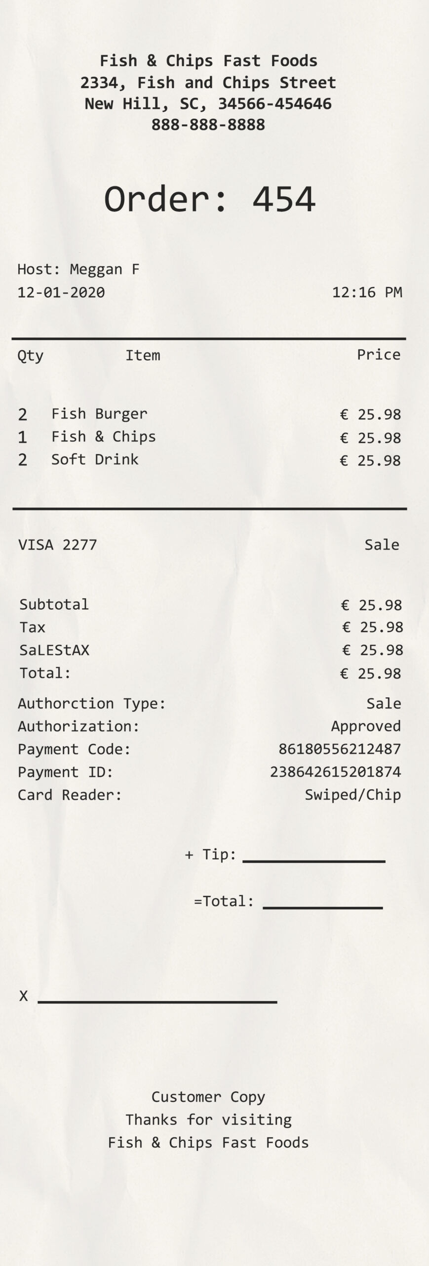 Fake Fast Food payment Receipt