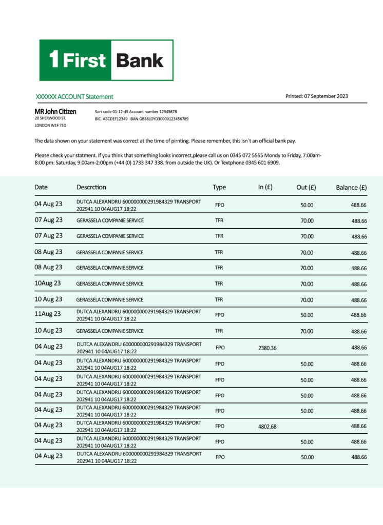 Fake First Bancorp Business Bank Statement