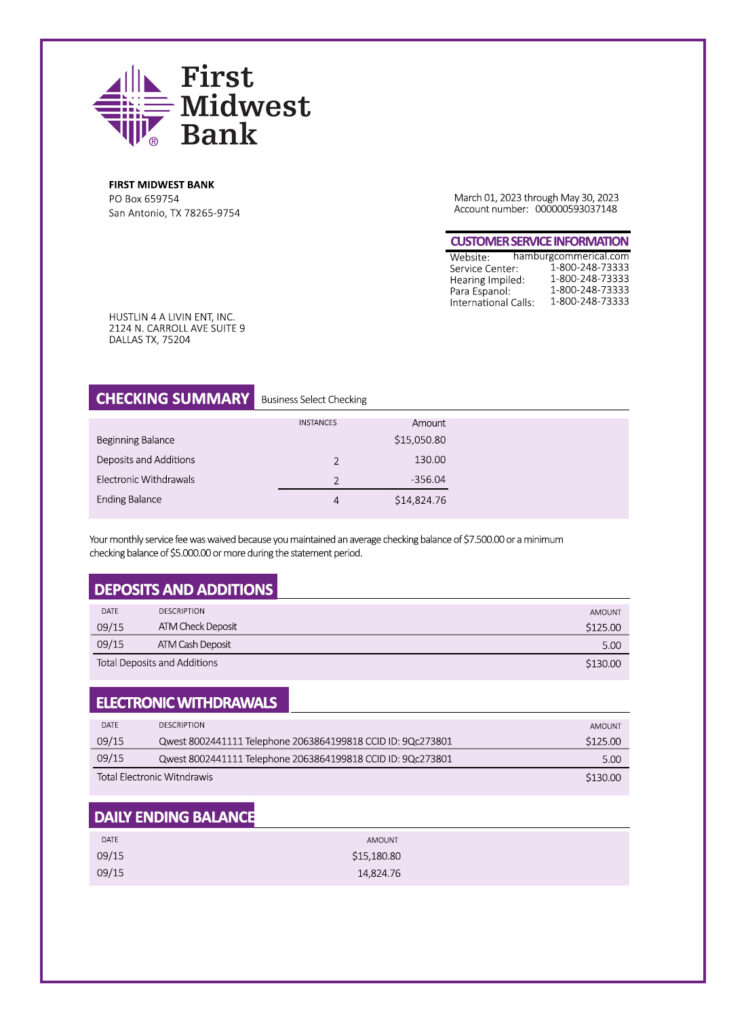 Fake First Midwest Business Bank Statement