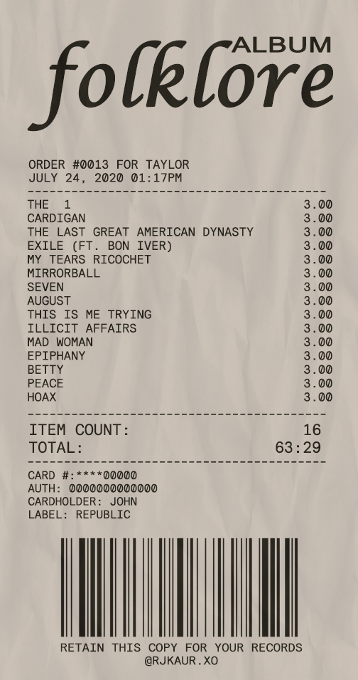 Fake Folklore album payment check Receipt