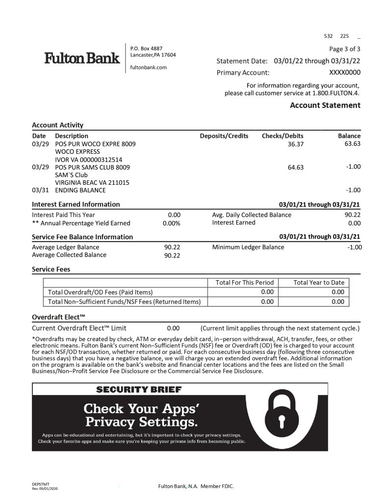 Fake Fulton Financial Corporation Business Bank Statement