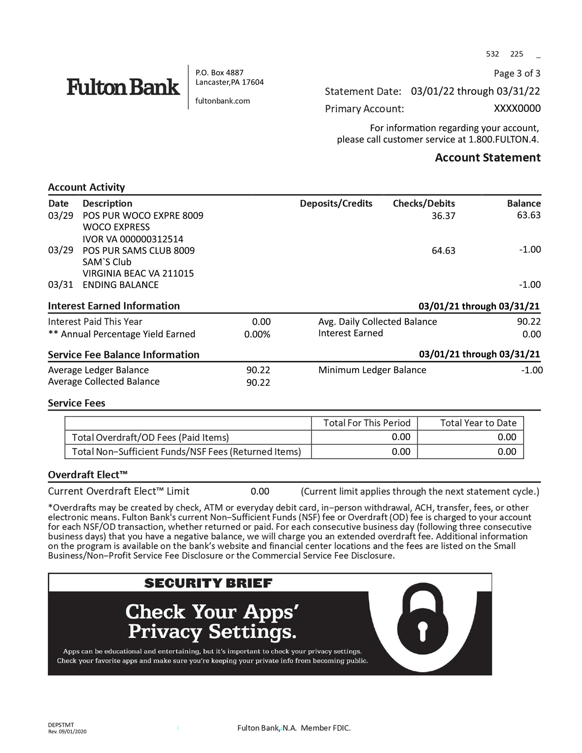 Fake Fulton Financial Corporation Business Bank Statement