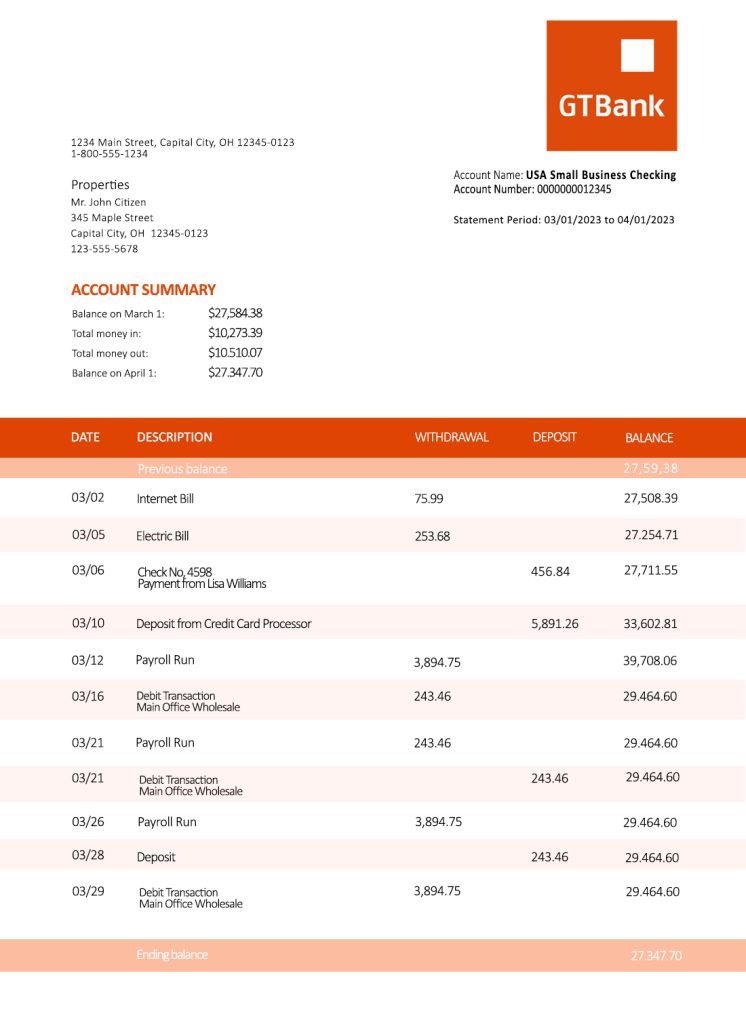 Fake Gt Bank organization checking Business Bank Statement