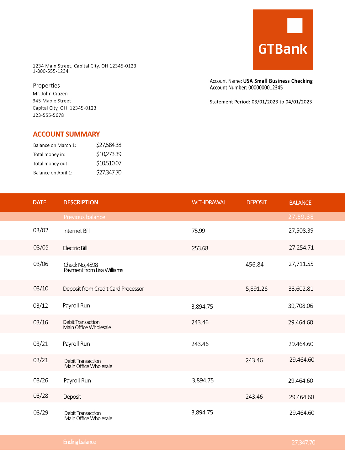 Fake Gt Bank organization checking Business Bank Statement