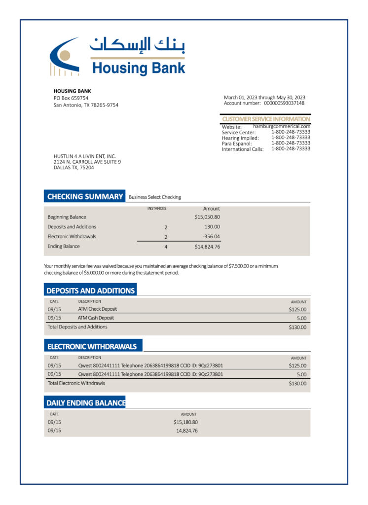 Fake HBTF Bank firm Business Bank Statement