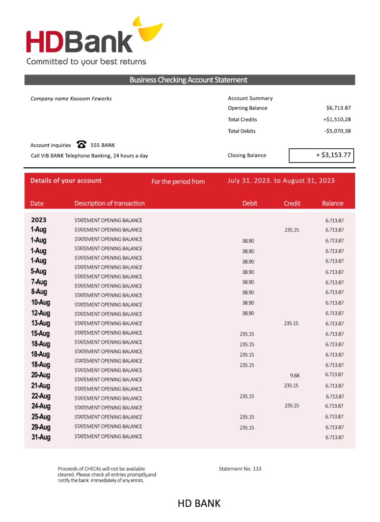 Fake HD Business Bank Statement