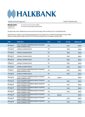 Fake Halkbank Business Bank Statement
