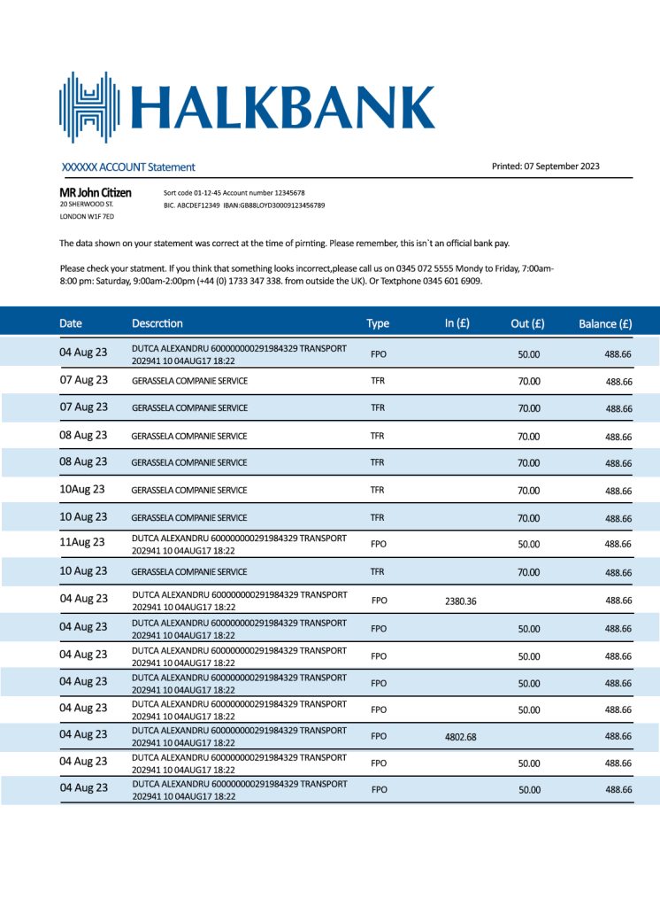 Fake Halkbank Business Bank Statement