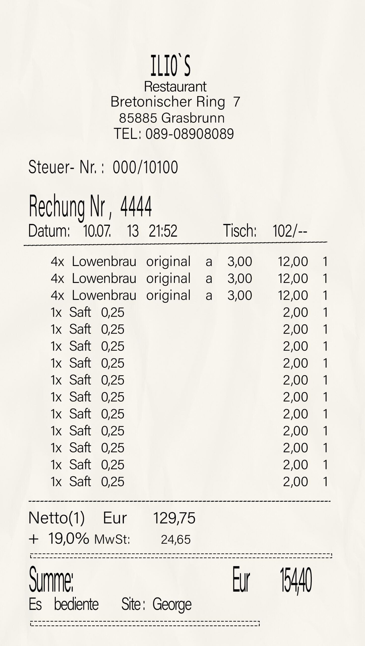 Fake ILIO’S Restaurant payment Receipt