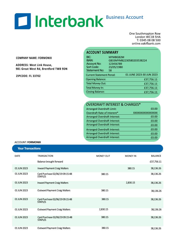 Fake Interbank organization Business Bank Statement