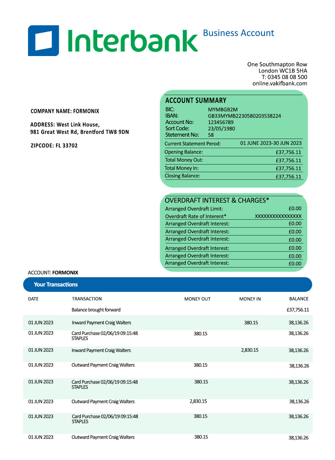 Fake Interbank organization Business Bank Statement