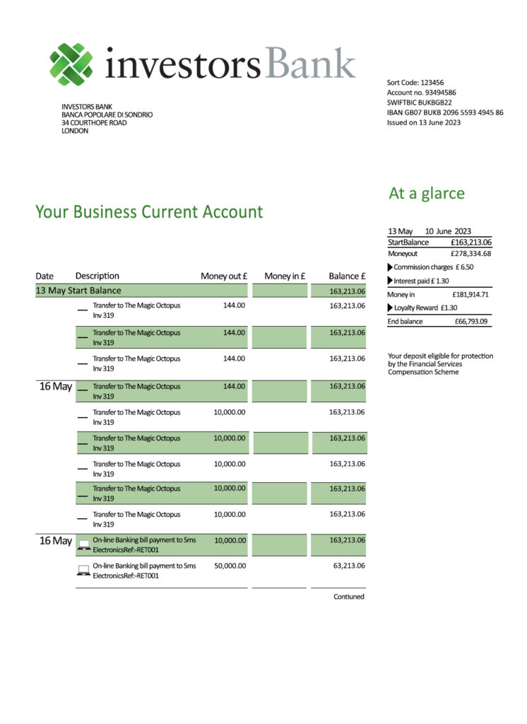 Fake Investors Business Bank Statement