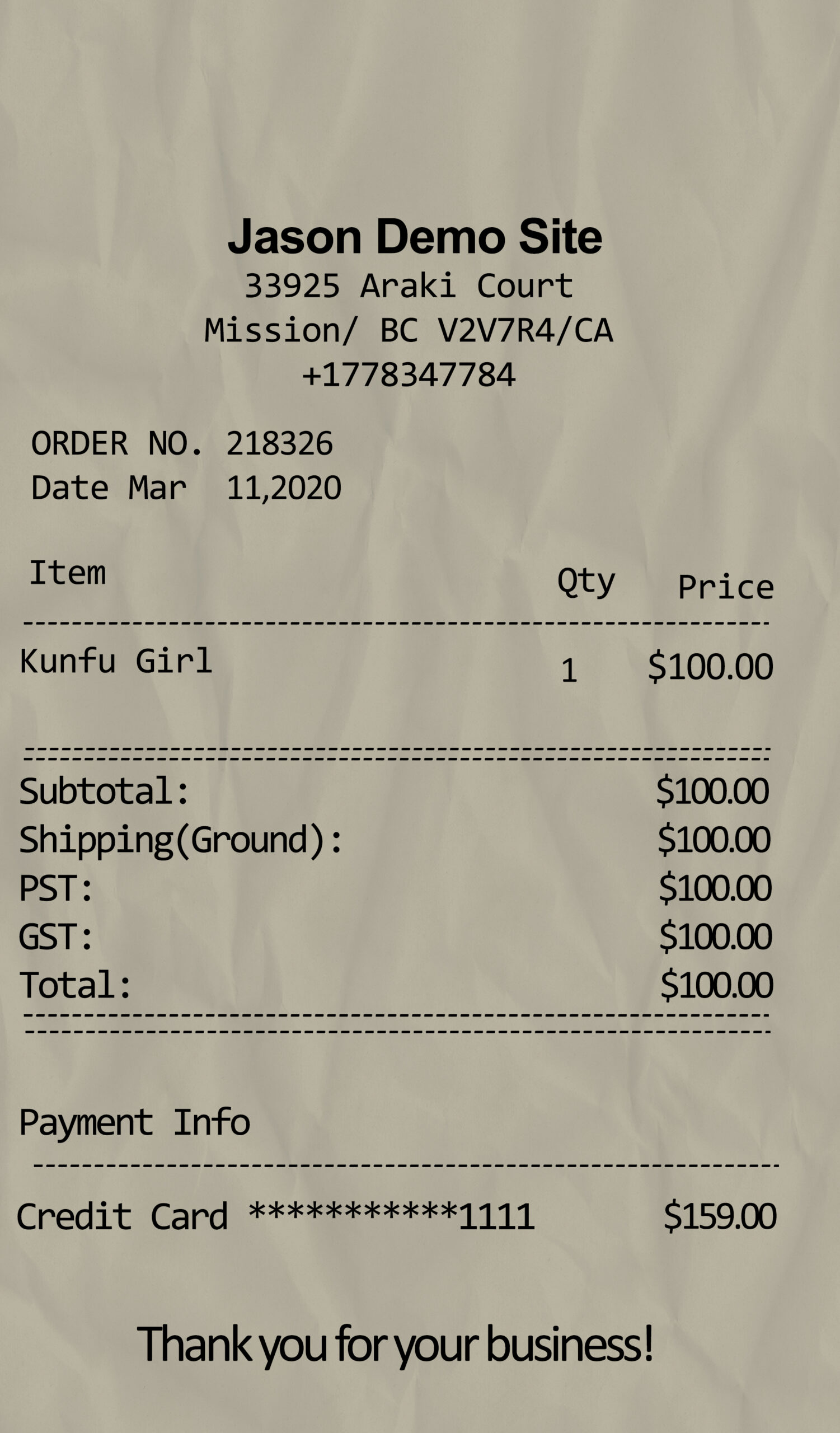 Fake Jason Demo Site Receipt