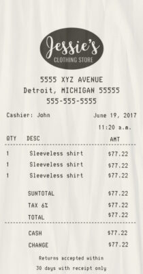 Fake Jessie’s Clothing Store receipt
