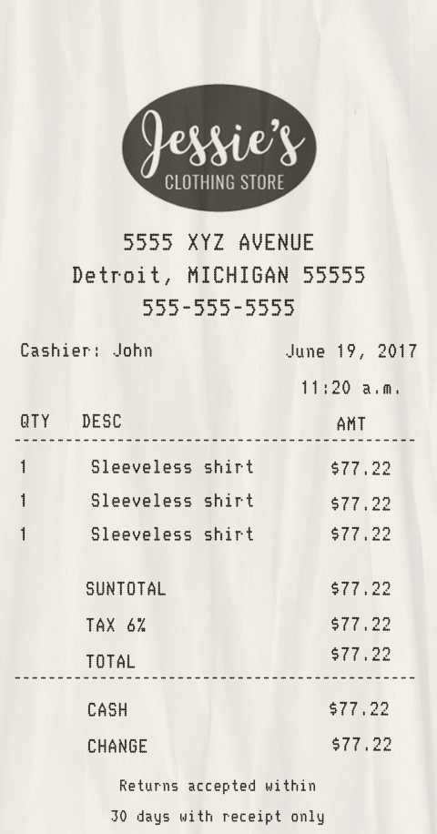 Fake Jessie’s Clothing Store receipt
