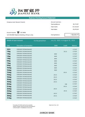 Fake Jiangxi Business Bank Statement
