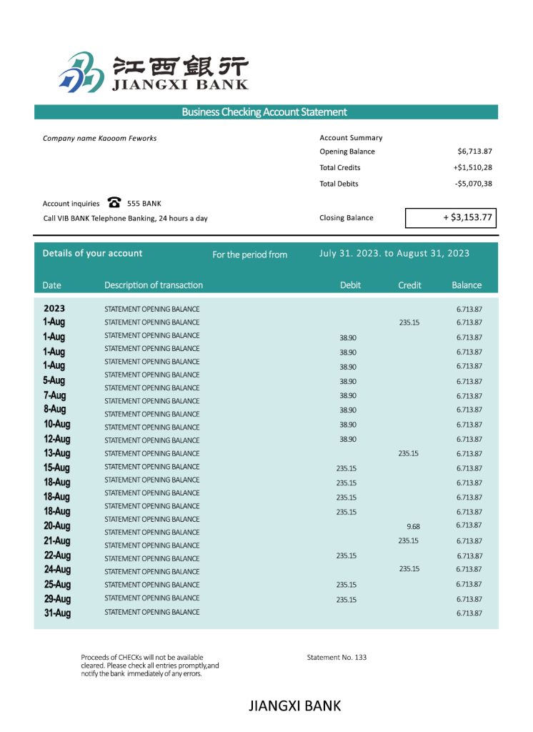 Fake Jiangxi Business Bank Statement