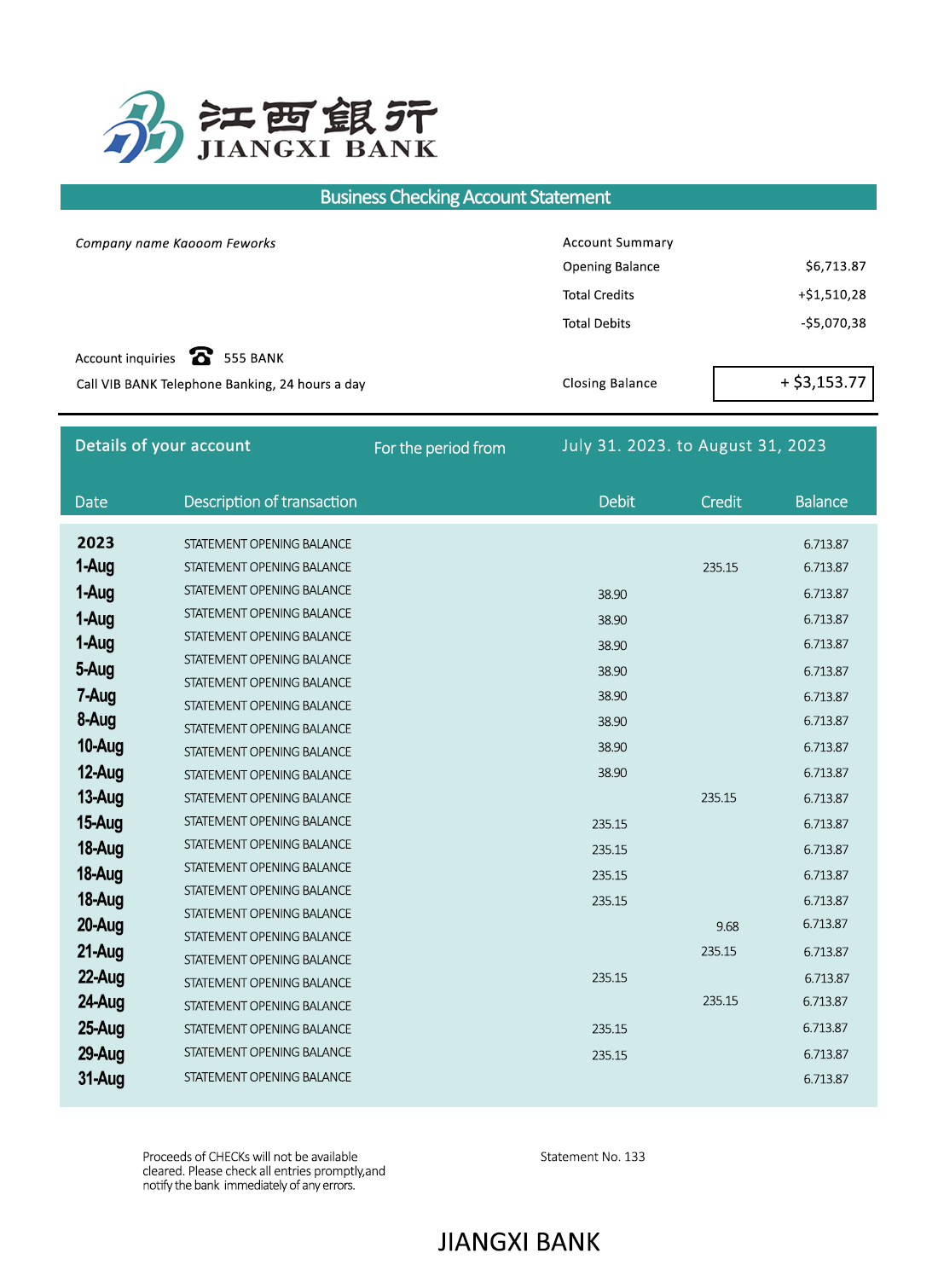 Fake Jiangxi Business Bank Statement