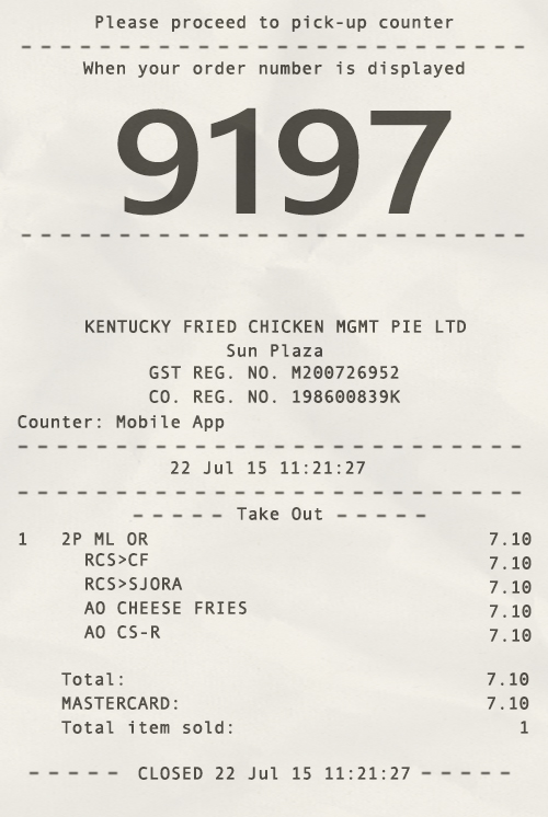 Fake KFC payment check Receipt