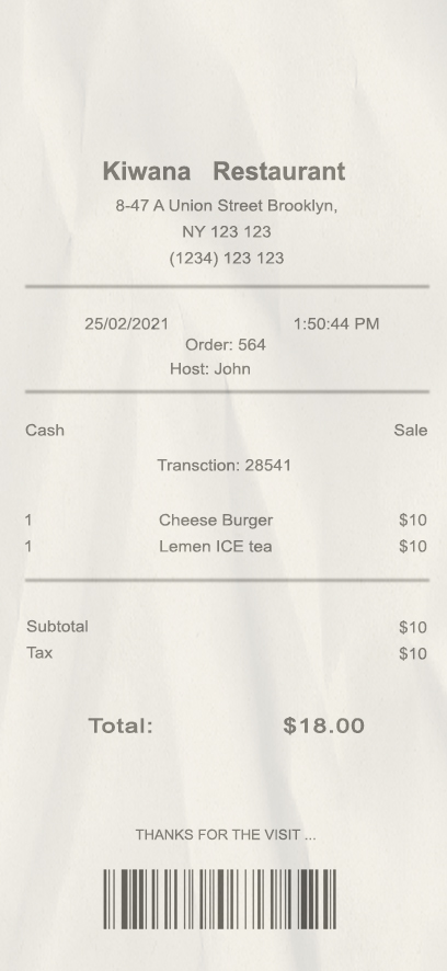 Fake Kiwana Restaurant payment check