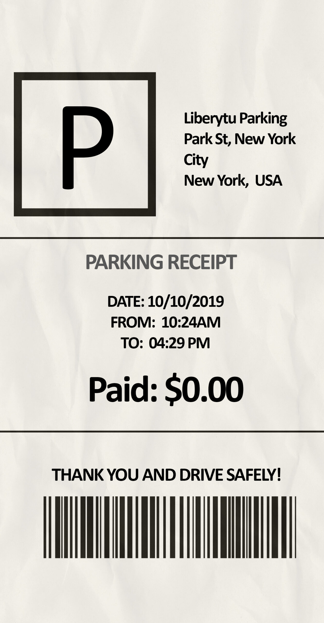 Fake Liberty Parking Receipt