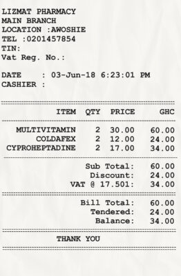 Fake Lizmat Pharmacy Receipt