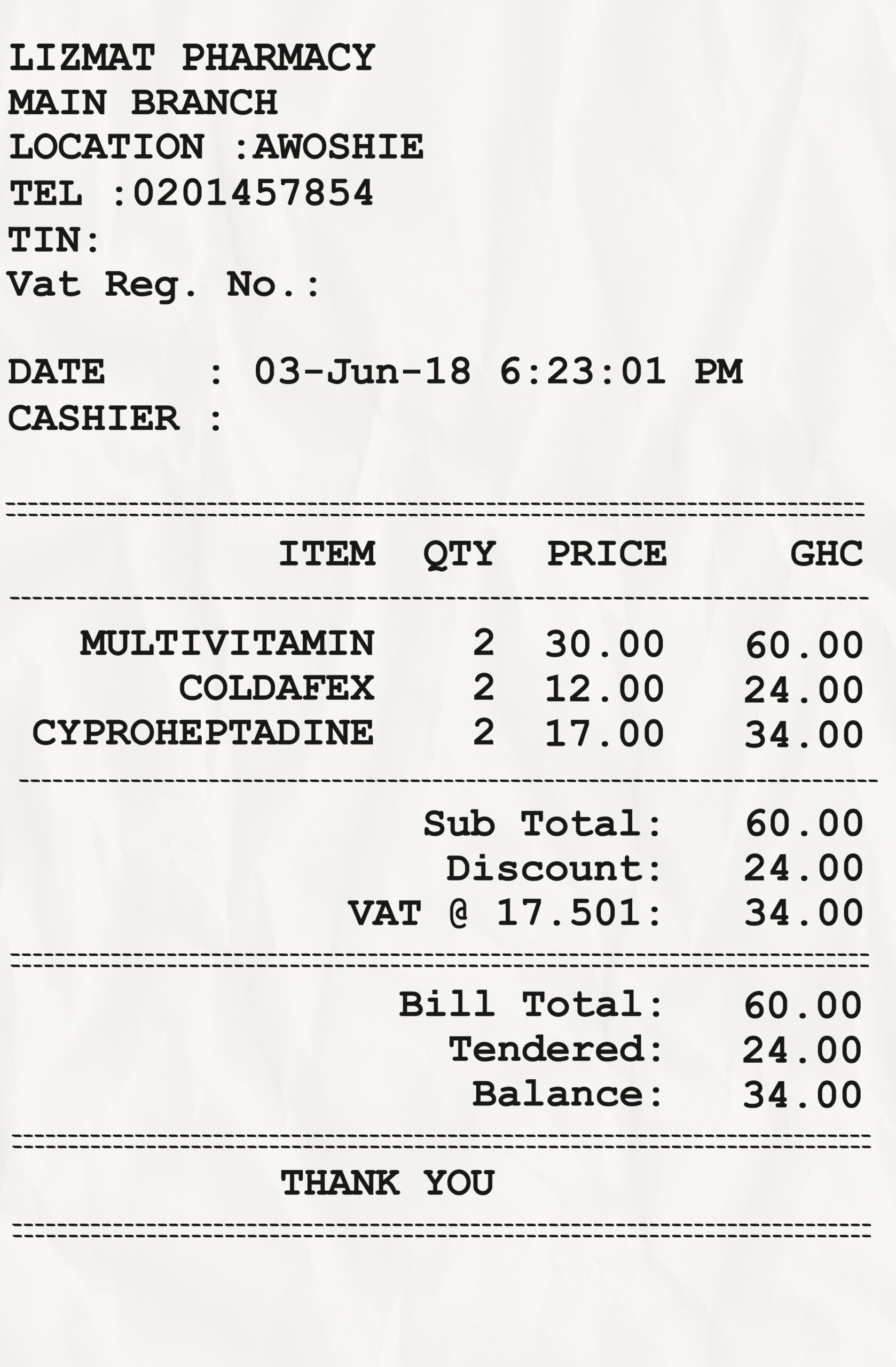 Fake Lizmat Pharmacy Receipt