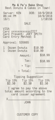 Fake Ma & pa’s Bake Shop receipt