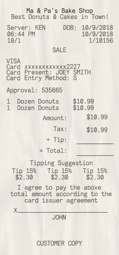 Fake Ma & pa’s Bake Shop receipt