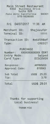 Fake Main Street Restaurant payment check Receipt